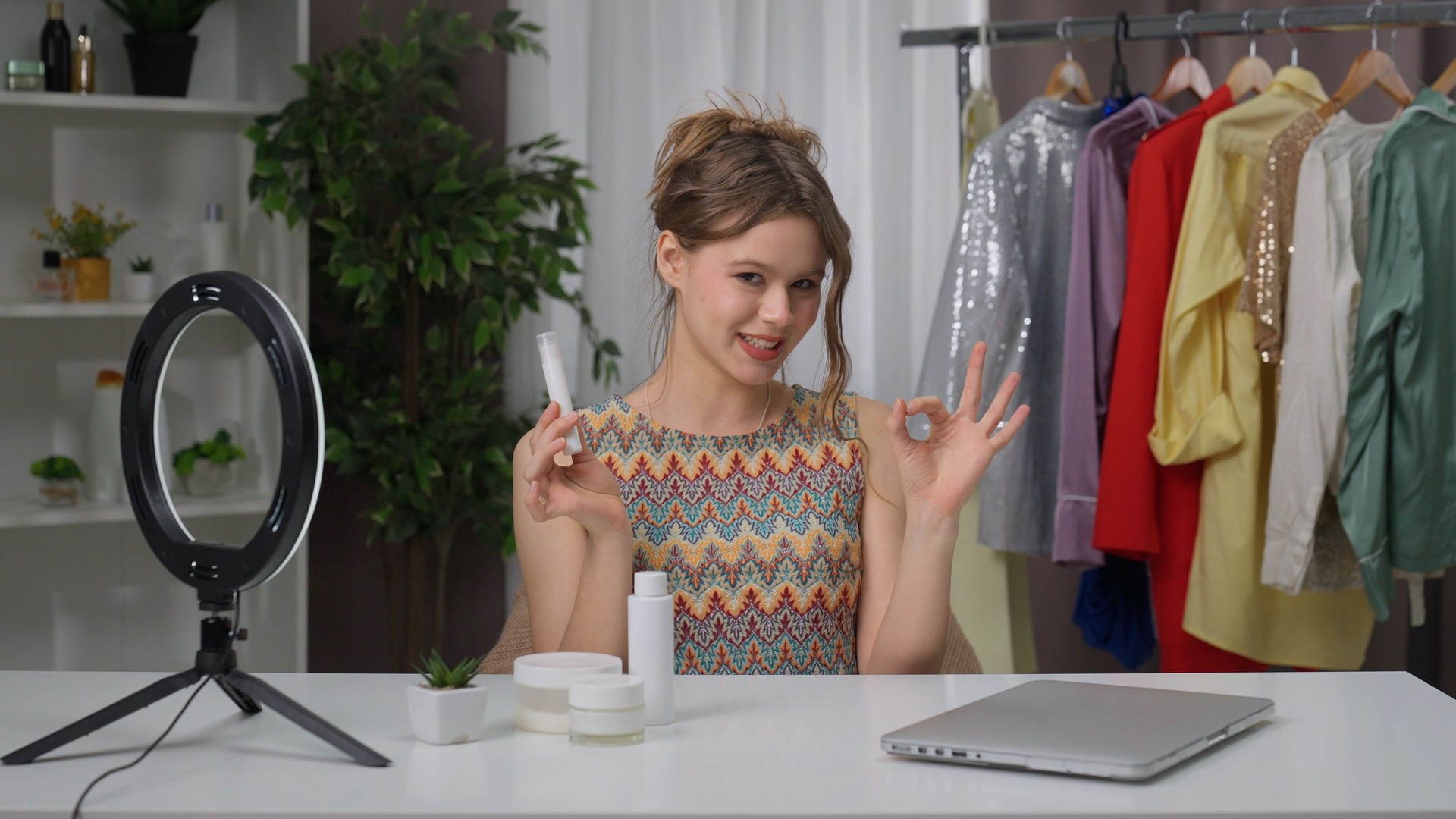 Young Influencer Shares Fashion and Beauty Tips in a Vibrant Studio Setting